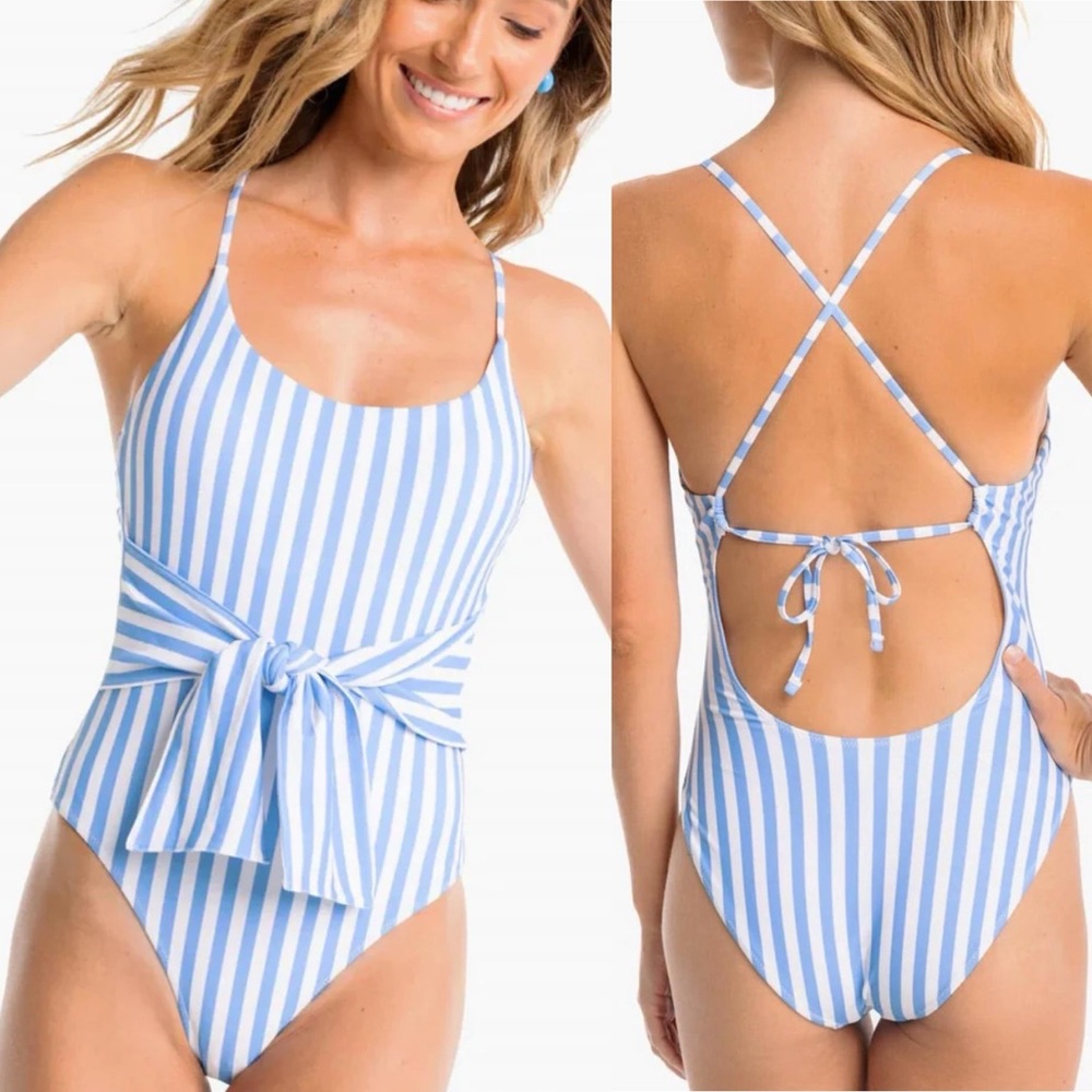 Southern Tide Light Blue and White Striped One-Piece Swimsuit